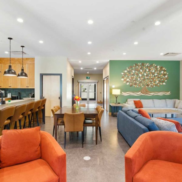 Lounge and kitchen at Ashnola Retreat Centre, RockRidge Canyon, Princeton BC Canada