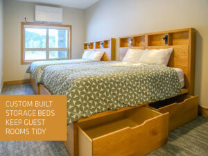 Ashnola Custom designed Beds built to store luggage + retreat guest bags neatly